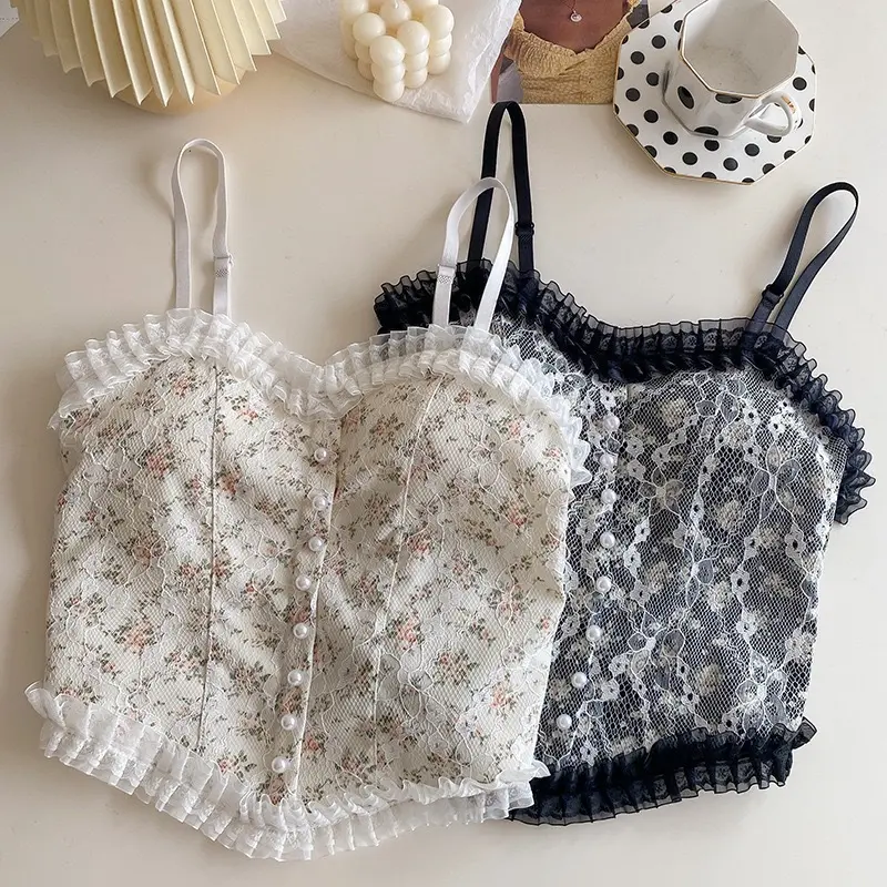 Popular Lace Floral Small Sling Vest Beauty Back Tube Top Padded Anti-Exposure Outer Wear Bottoming Tube Top for Women