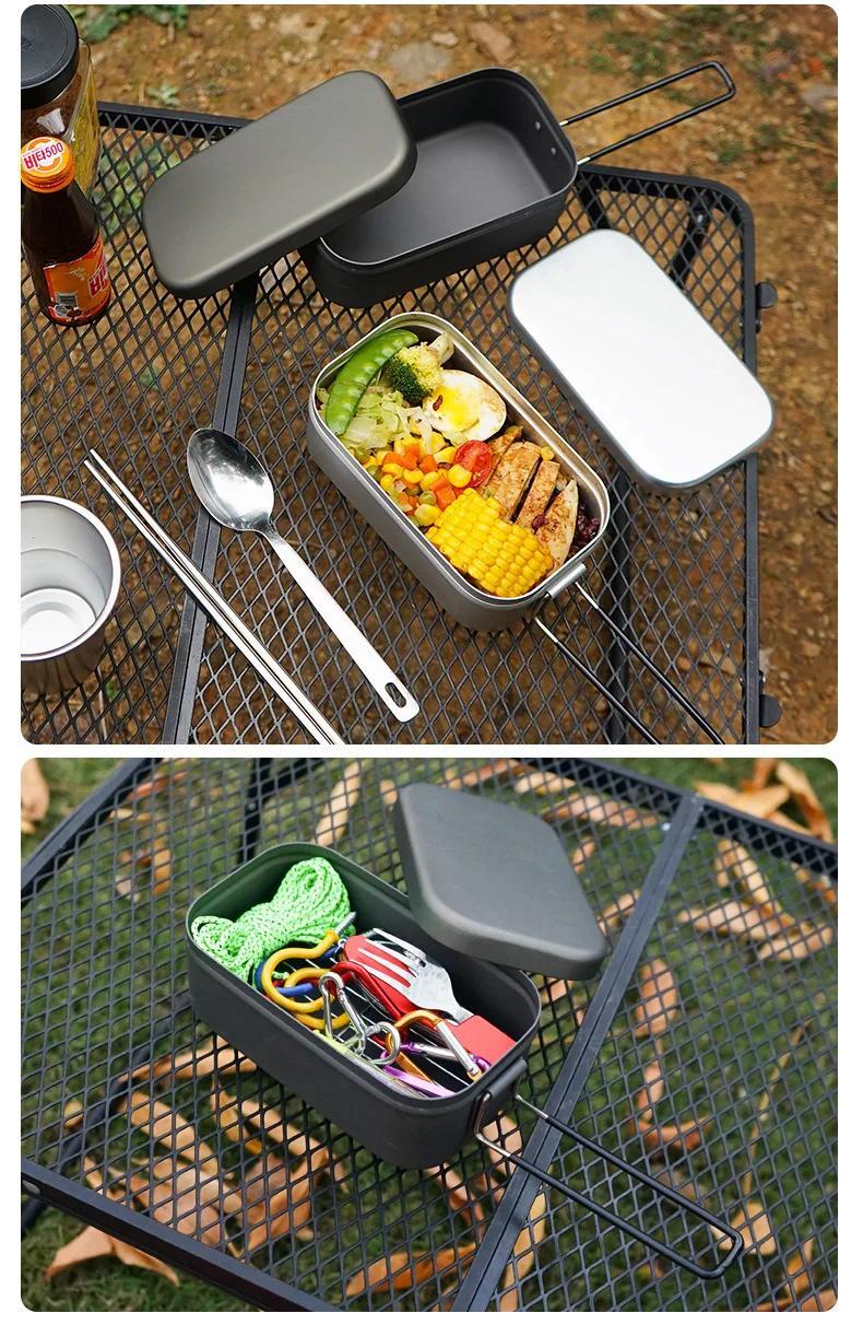Product Introduction of Camping Outing Folding Handle Aluminum Lunch Box Outdoor Mountaineering Lightweight Portable Lunch Box Tableware 0