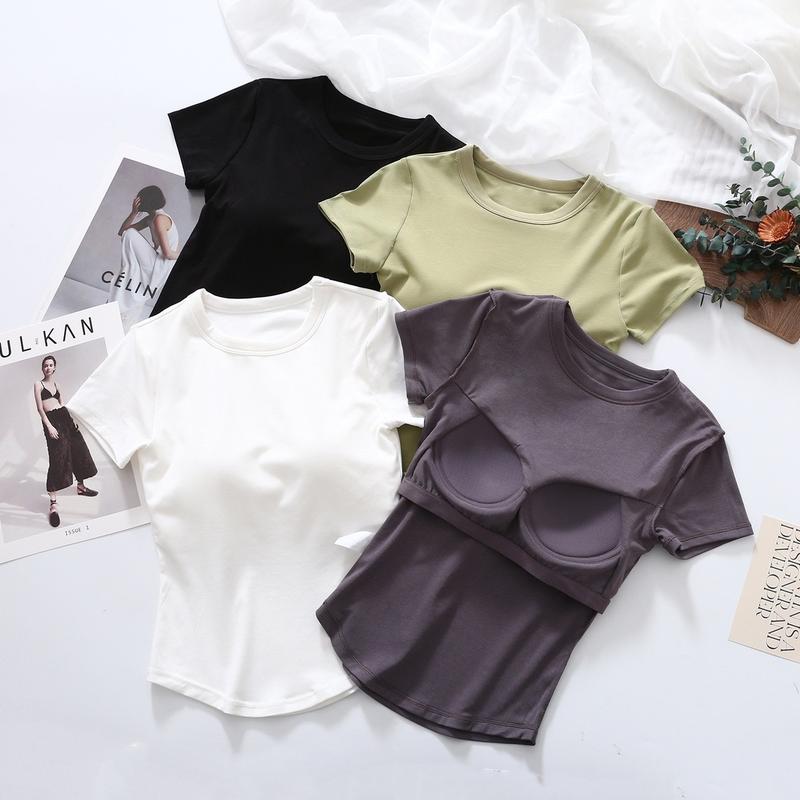 879 Áo Nữ Cộc Tay Có Đệm Vạt Bầu Dáng Dài Chất Liệu Cotton Women Top Ôm body
