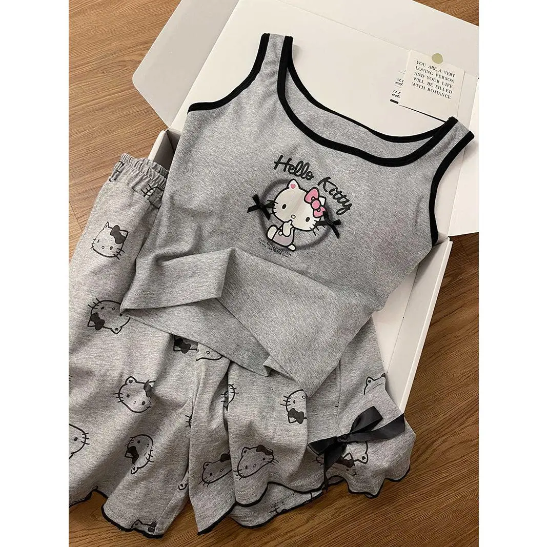 Áo Vest Mùa Hè, Thiết Kế Hoạt Hình Dễ Thương, Có Đệm Ngực, Đồ Ngủ Hello Kitty, Dành Cho Nữ, Bộ Đồ Mặc Nhà Mùa Hè Mới, Bao Gồm Quần Đùi Top Women