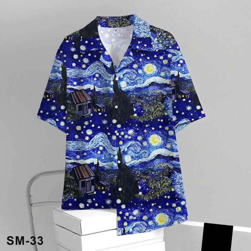Áo Sơ Mi Tay Ngắn SM-33 Họa Tiết Tranh Van Gogh ĐÊM ĐẦY SAO - Thời trang Unisex, vải lụa thấm hút, thoáng mát, không nhăn