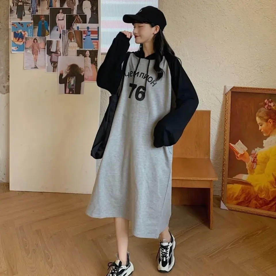Oversized Plus Size 150KG Korean Style Woman midi hoodie T-shirt Dress Round Neck Half Sleeve Letter Number Printed Dress Women's Loose Mid-Length Dress