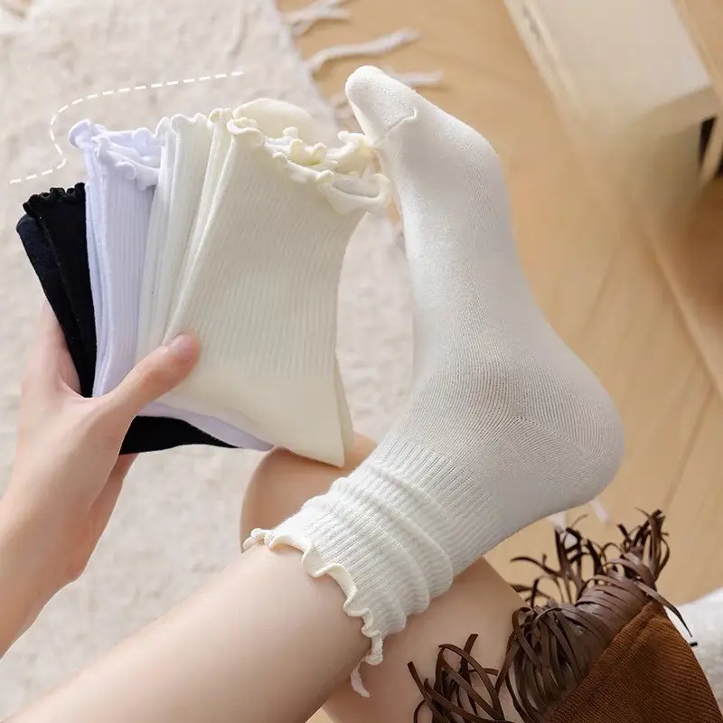 Set 5 Tất Cổ Cao Nữ Bèo Nhún, Vớ Bèo Nhún Nữ Cổ Cao Màu Trơn Basic Thời Trang Vintage Hàn Quốc M122 Women 0