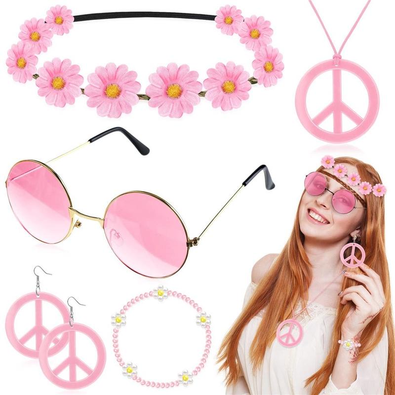 Product Introduction of 6 Pcs 60's 70s Style Women's Hippie Costume Set Boho Peace Sign Hippie Costume Accessories Set Wristband for Groovy Party Girls 14