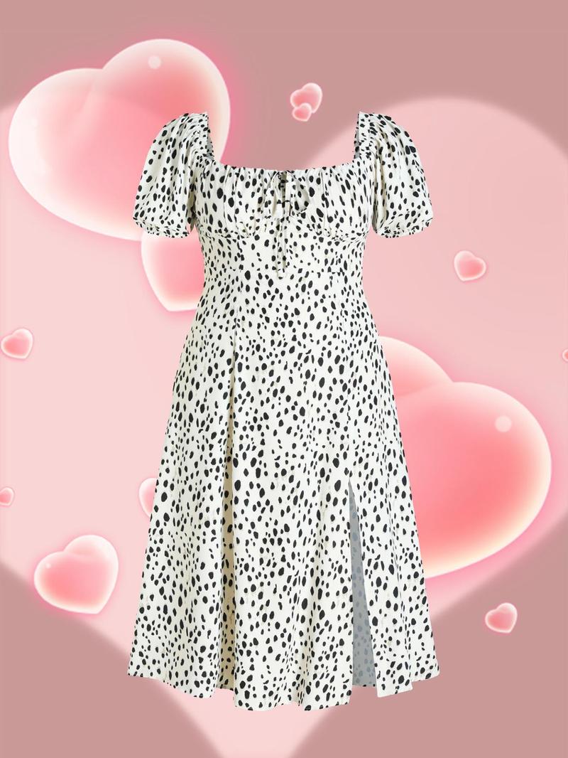 Product Introduction of Back To School Womenswear Plus Size Fruit Print Puff Sleeve Dress, Casual Wear Shirred Split Thigh A Line Dress for Daily Holiday Vacation Wear, Chic Dresses for Women, Women Plus Clothing for Summer,  Clarasummers14 Dress 14