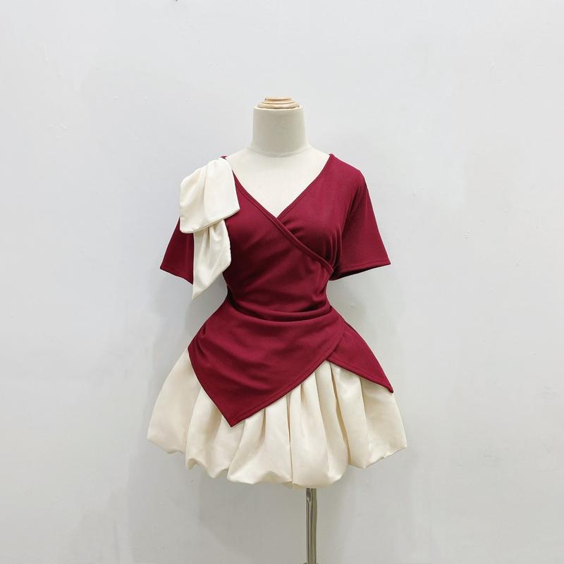 Bộ áo váy bigsize áo vạc chéo cổ tim thời trang nữ mix váy bí tiểu thư  Women Áo (có lẻ áo/set)