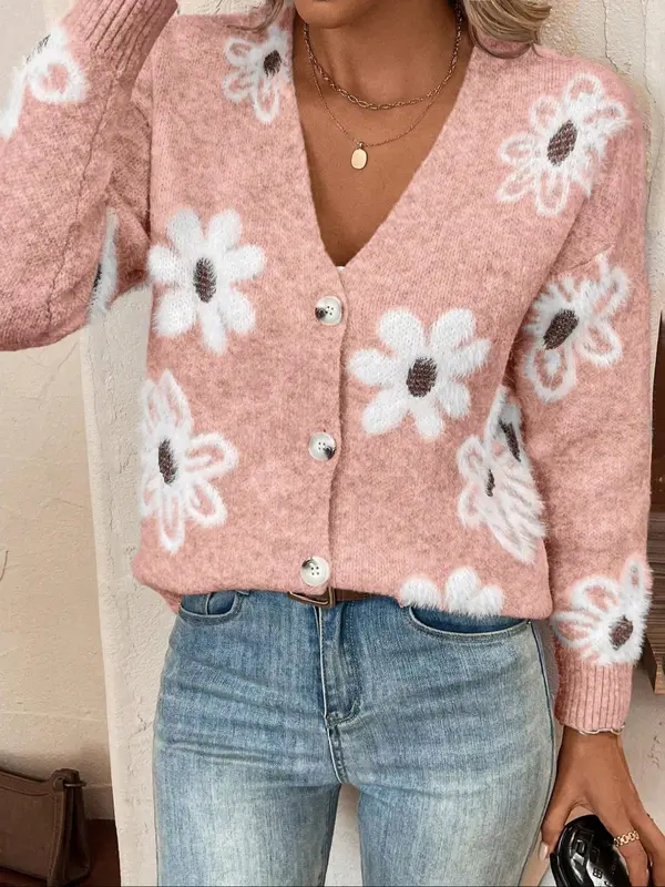 【Plus Size】 Floral Pattern Button Front Longsleeves Cardigan, Elegant Chic Casual Drop Shoulder V Neck Knitwear for Fall & Winter, Women's Plus Clothing for Daily Wear, Knitting Ladies Winter Coat, Womenswear 2