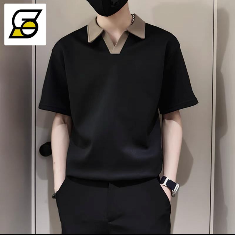 Áo Thun ngắn Tay Cổ bẻ xuống Cao Cấp Dành Cho Nam Giới, Thời Trang Ngầu Hợp Xu hướng Thiết Kế Khối Màu, Cổ Chữ V, Áo Polo Phong Cách Hàn Quốc, Hàng Mới Về Mùa Hè 2025 hồng phông trơn xanh navy đến/màu be áo chui đầu áo thun