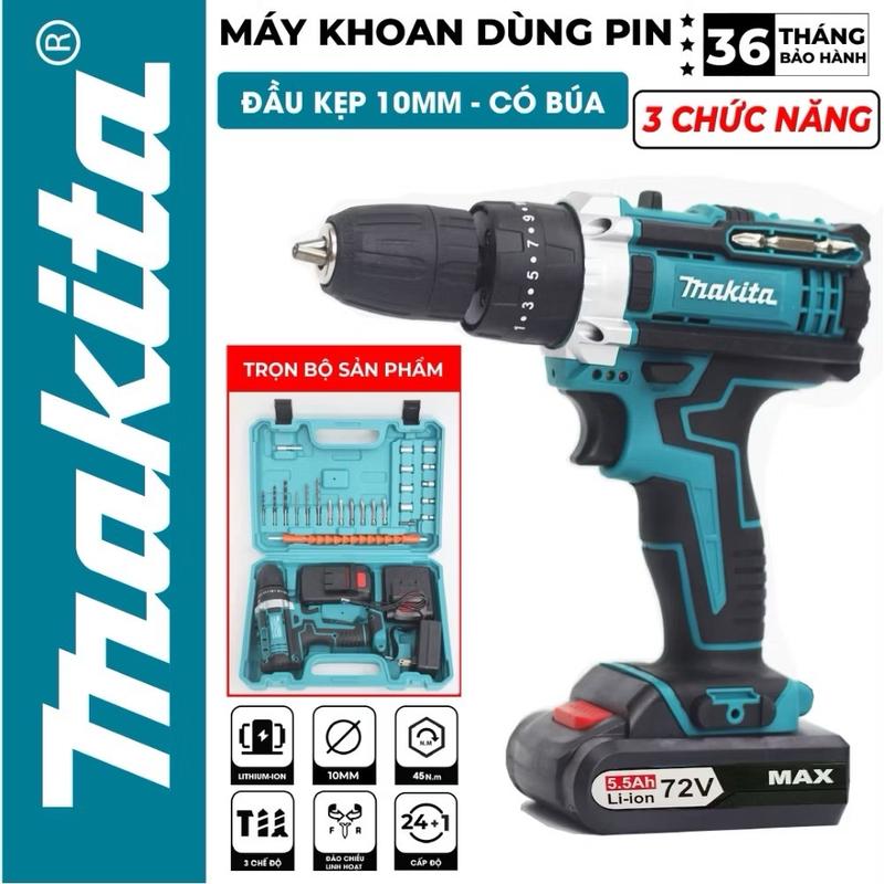 Máy khoan pin cầm tay Makita 72v, máy bắn vít 3 chức năng khoan tường, bắn vít, khoan sắt tặng phụ kiện 24 chi tiết