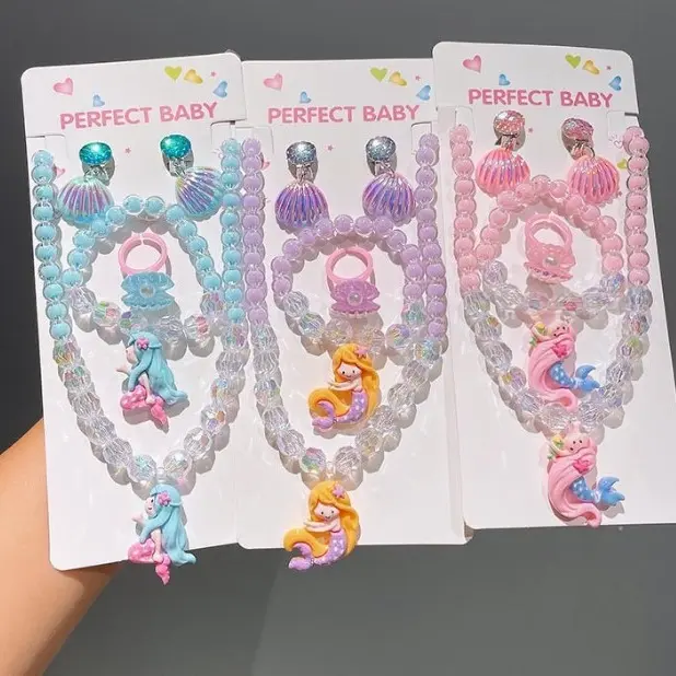 Children's Cute Cartoon Beaded Necklace Accessories New Ring Bracelet Ear Clip Set Mermaid Princess Jewelry