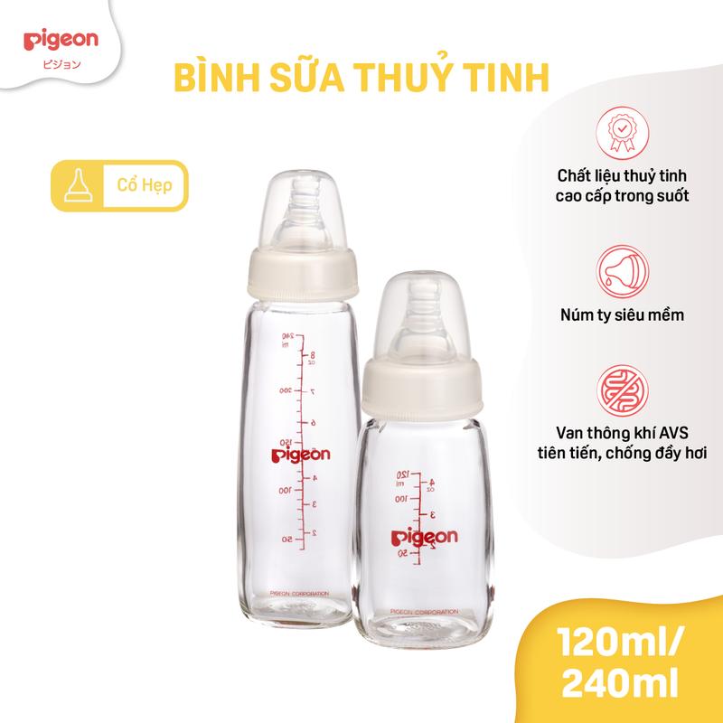 Bình sữa thủy tinh cổ hẹp Pigeon - 120ml S 240ml M