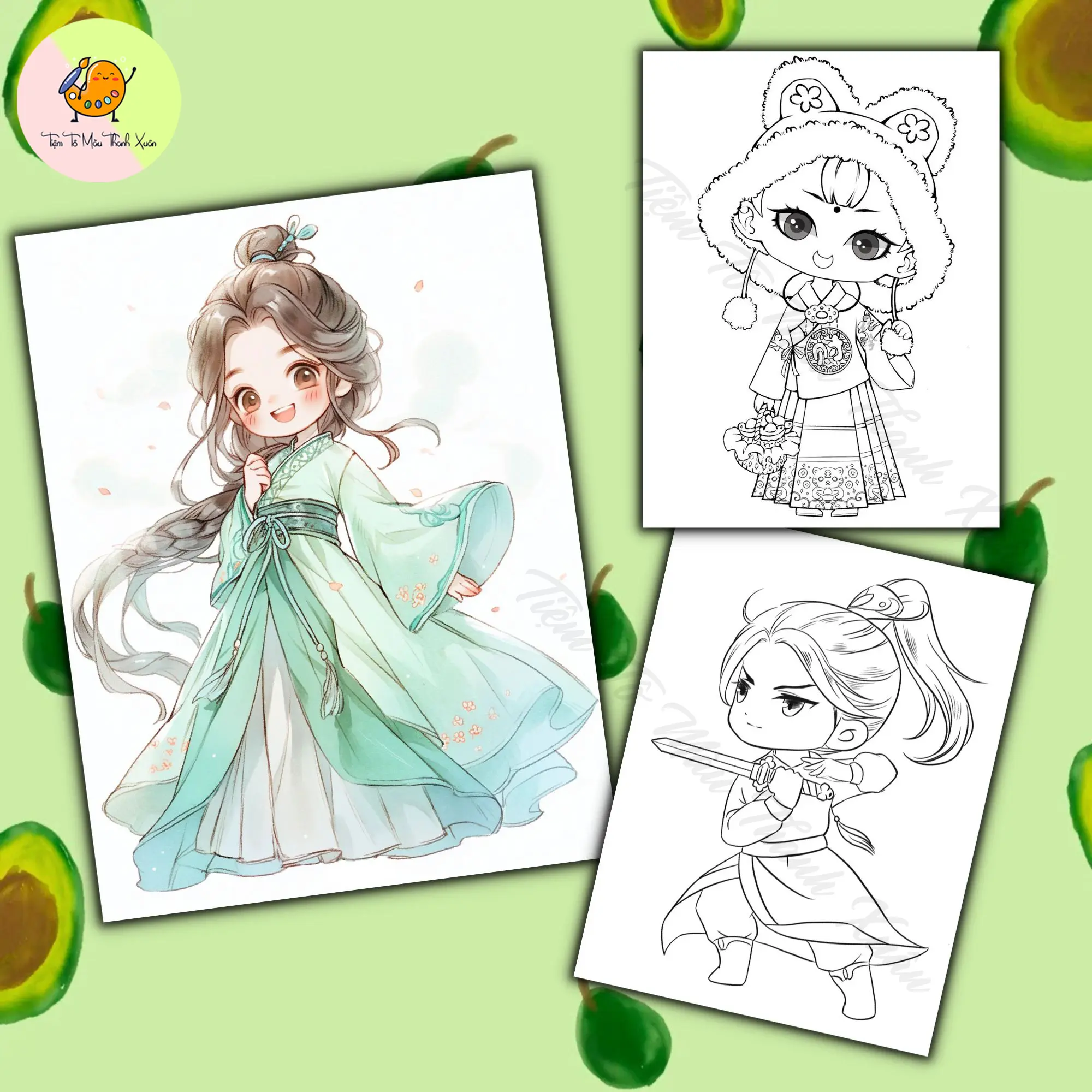 [TX16] Set 50 Tờ Tranh Tô Màu Chibi Cổ Trang Kích Thước A5 Tô Màu Sáp, Màu Chì