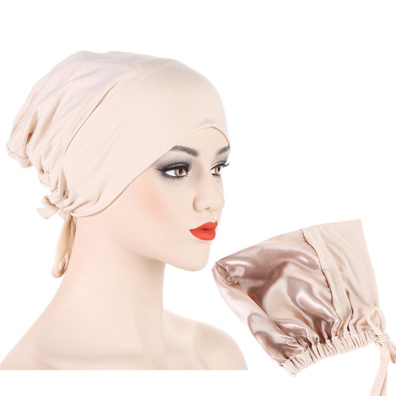 Product Introduction of Instant Hijab Muslim Tudung Inner Hijab New Multi-color Satin Cloth Drawstring Pullover Cap Base Cap Strap Tether Cap 11