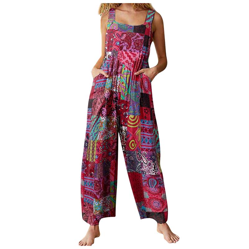 Women Jumpsuits Summer Overalls Multicolor Ethnic Style Square Neck Sleeveless Casual Rompers with Pockets for Girls Playsuit 6