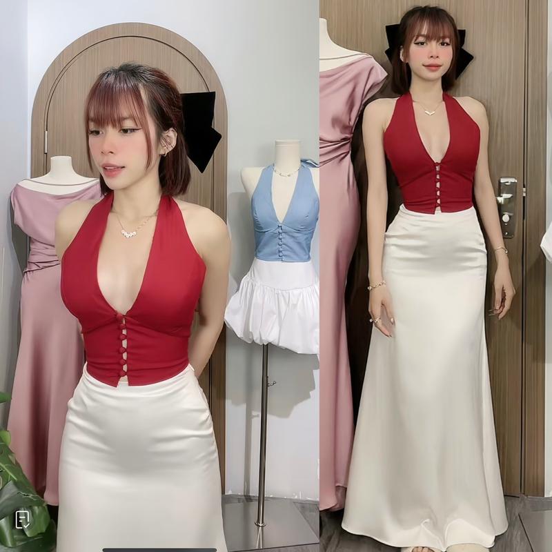 ÁO CỔ YẾM NỮ CROPTOP - 6 NÚT BỌC ( CÓ MÚT ) | chất linen mềm, size SMl WOMEN Dáng Ngắn Kem Đen