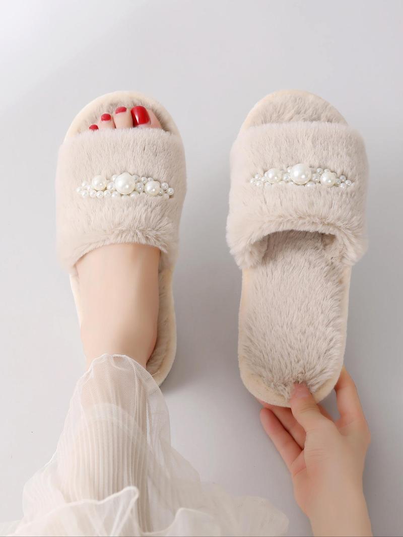 Product Introduction of Women's Faux Pearl Decorated Plush Slippers, Casual Soft Comfortable Home Slippers, Warm Slippers for Indoor & Outdoor Use for Women & Girls 13