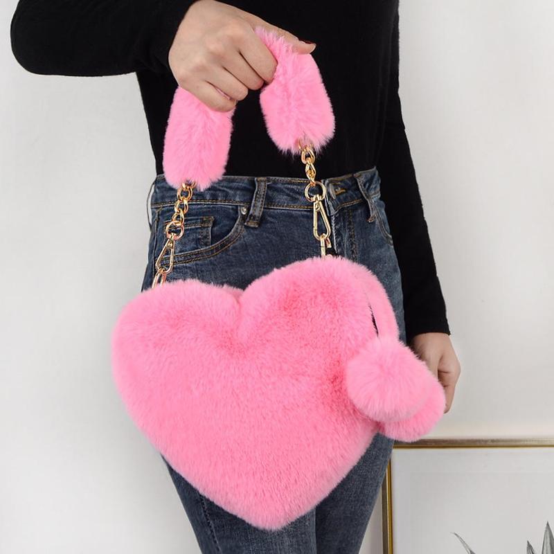 Product Introduction of Women Messenger Bag Cute Heart Shaped Shoulder Bag Fluffy Chain Soft Fashion Crossbody Handbag 22