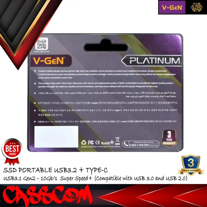 V-GeN SSD Portable Platinum 256GB USB 3.2 Type-C External Vgen 256 GB 3