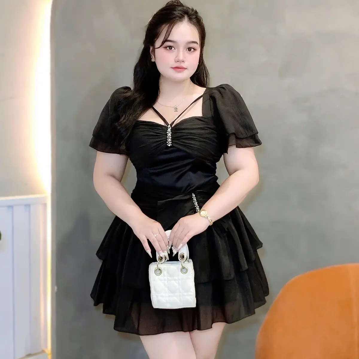 Đầm cánh tiên phối tơ 55-90kg Quỳnh như bigsize 55-90kg tơ phối taffa Nữ Women Dress Nhung Voan Voi