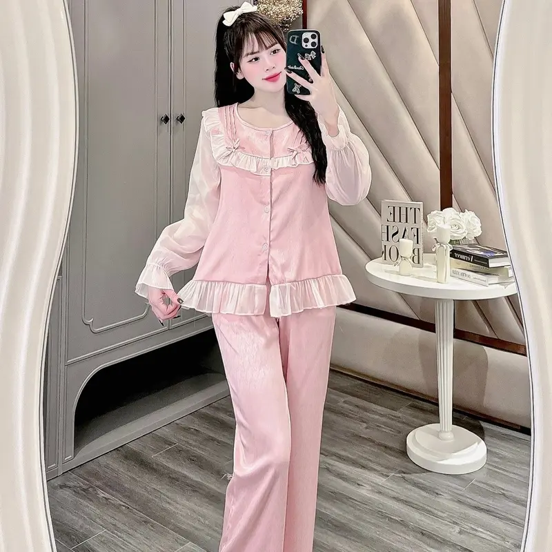 BỘ LỤA XƯỚC TAY DÀI REN NƠ Nữ 4