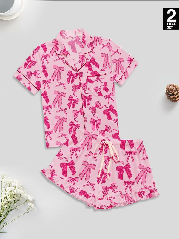 Women's Bow Print Lapel Shirt & Shorts Pyjama Set, Casual Comfy Short Sleeve Pocket Top & Shorts Set, Ladies Sleepwear for All Seasons 5
