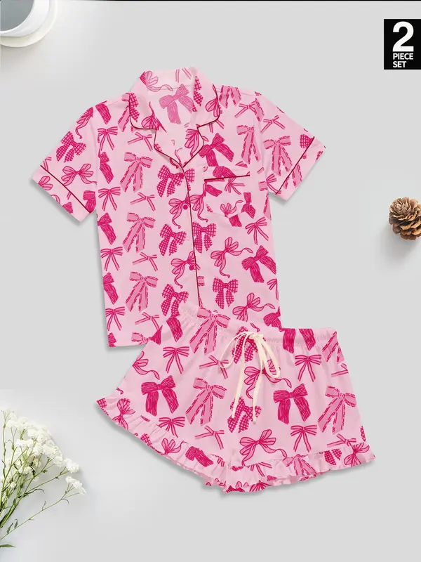 Women's Bow Print Lapel Shirt & Shorts Pyjama Set, Casual Comfy Short Sleeve Pocket Top & Shorts Set, Ladies Sleepwear for All Seasons 5