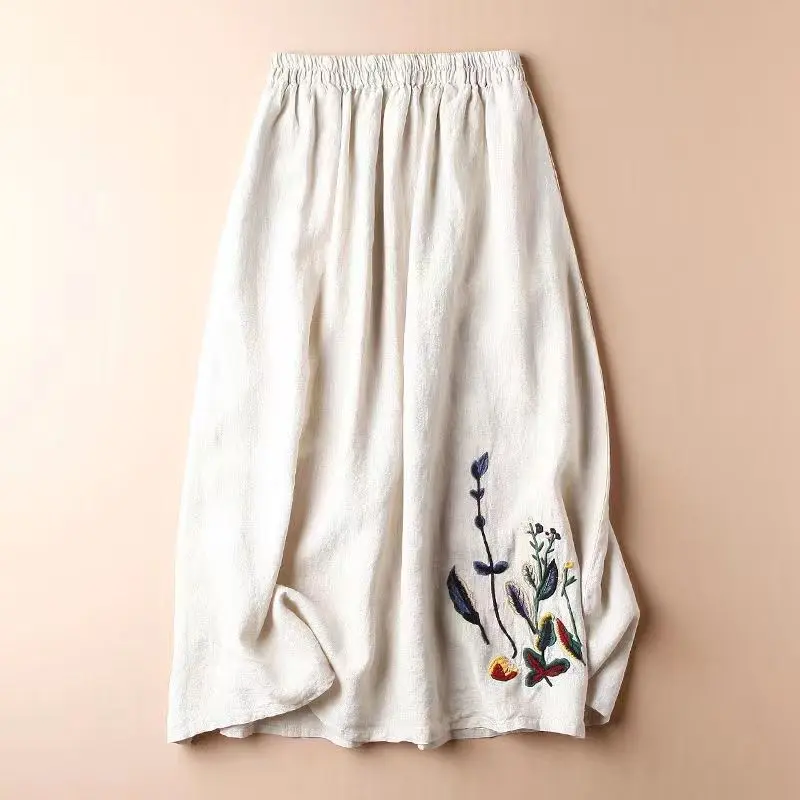 Váy Nửa Vải Lanh Cotton Màu Tím, Thời Trang Và Hợp Xu hướng Dành Cho Nữ, Váy xòe Lớn Màu Trơn Thêu Mới, Váy Dài Trung Bình Dễ Phối Đồ Và Bó Sát, Váy Nữ Tươi Mới Và Ngọt Ngào