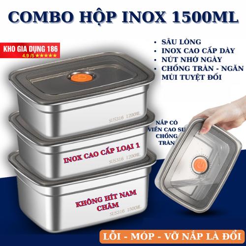 GMV COMBO 5 hộp 1500ML inox không ghỉ LOẠI 1 có nắp đậy hút chân không khay đựng đồ để tủ lạnh ngăn mùi 19cm x 8.5cm x 13cm