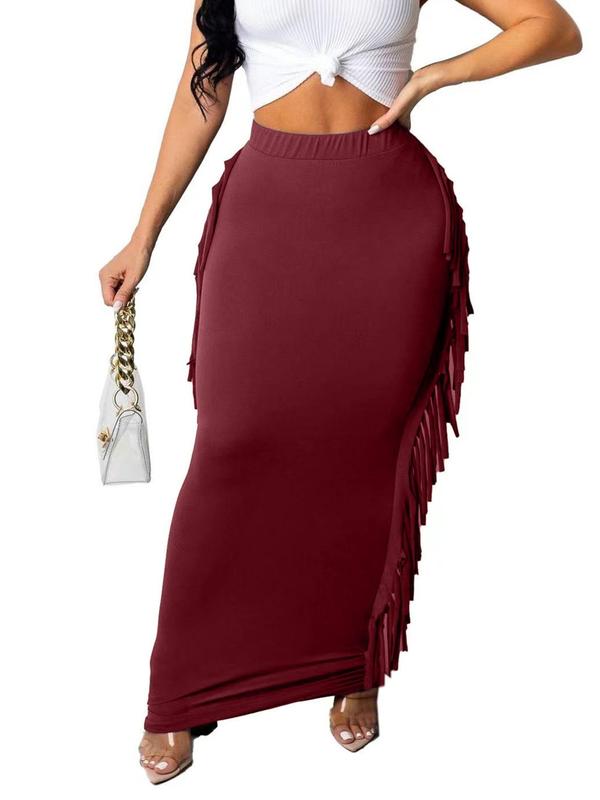 Women's Fringe Trim High Waist Pencil Skirt, Elegant Comfortable Fabric Solid Color Skirt for Party Evening Formal Occasions, Ladies Summer Clothing, Womenswear 1