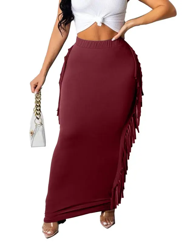 Women's Fringe Trim High Waist Pencil Skirt, Elegant Comfortable Fabric Solid Color Skirt for Party Evening Formal Occasions, Ladies Summer Clothing, Womenswear 1