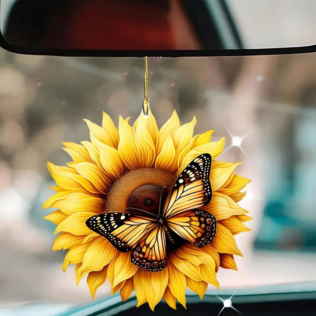 new 1pc Sunflower Butterfly Holiday Hanging Decorations Car Rearview Mirror Pendant Colorful Acrylic Art Plaque Holiday Party Home Tree Stand Garden Pendant Gift