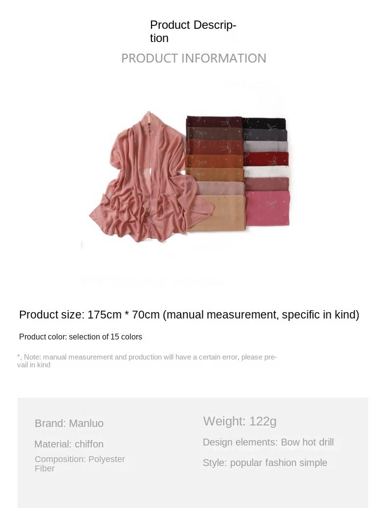 Product Introduction of High-End Heavy Craft Bowknot Rhinestone Solid Color Chiffon Long Scarf Full Rhinestone Shawl Headscarf Cape Scarf Silk Scarf for Women 2
