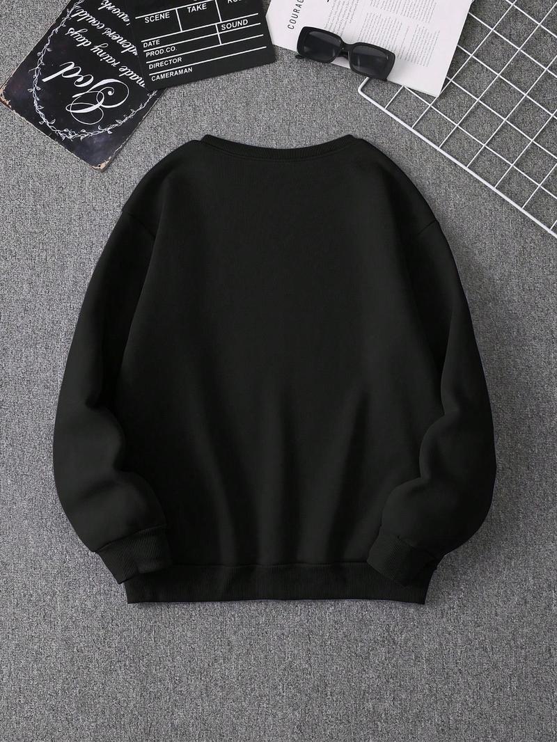Product Introduction of Women's Skeleton & Letter Print Drop Shoulder Sweatshirt, Casual Long Sleeve Round Neck Pullover for Fall & Winter, Ladies Clothes for Daily Wear 2