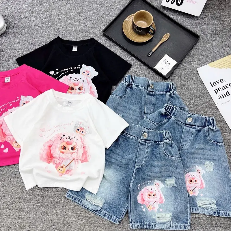 ( 11-35kg) Bộ quần bò jean cộc + áo phông in hình baby  cho bé gái mã 01 6