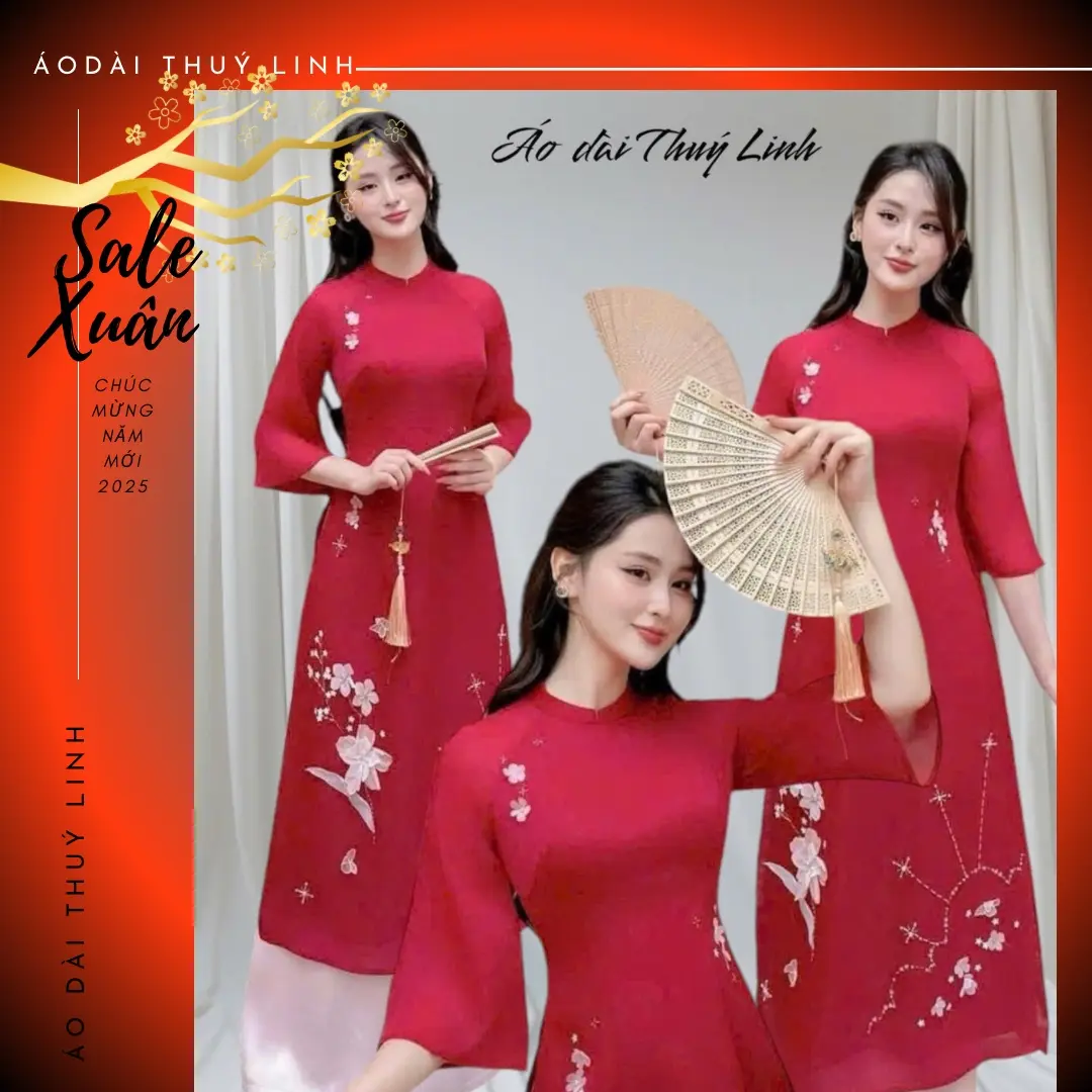 Áo dài cách tân voan tơ hoa kết nổi đỏ trẻ trung- Áo dài Thúy Linh