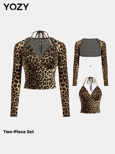 YOZY Women's Leopard Print Halter Tie Back Crop Top & Long Sleeve Outwear Two-piece Set, Fashion Casual Two Piece Set for Daily Outdoor Wear, Women Clothes for All Seasons