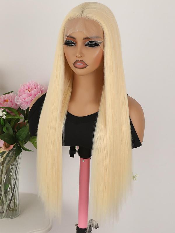 28 Inch Long Blonde Straight Wigs for Women, Gorgeous Fluffy Wigs without Bangs, Synthetic Lace Front Wigs for Party, Daily Use 3