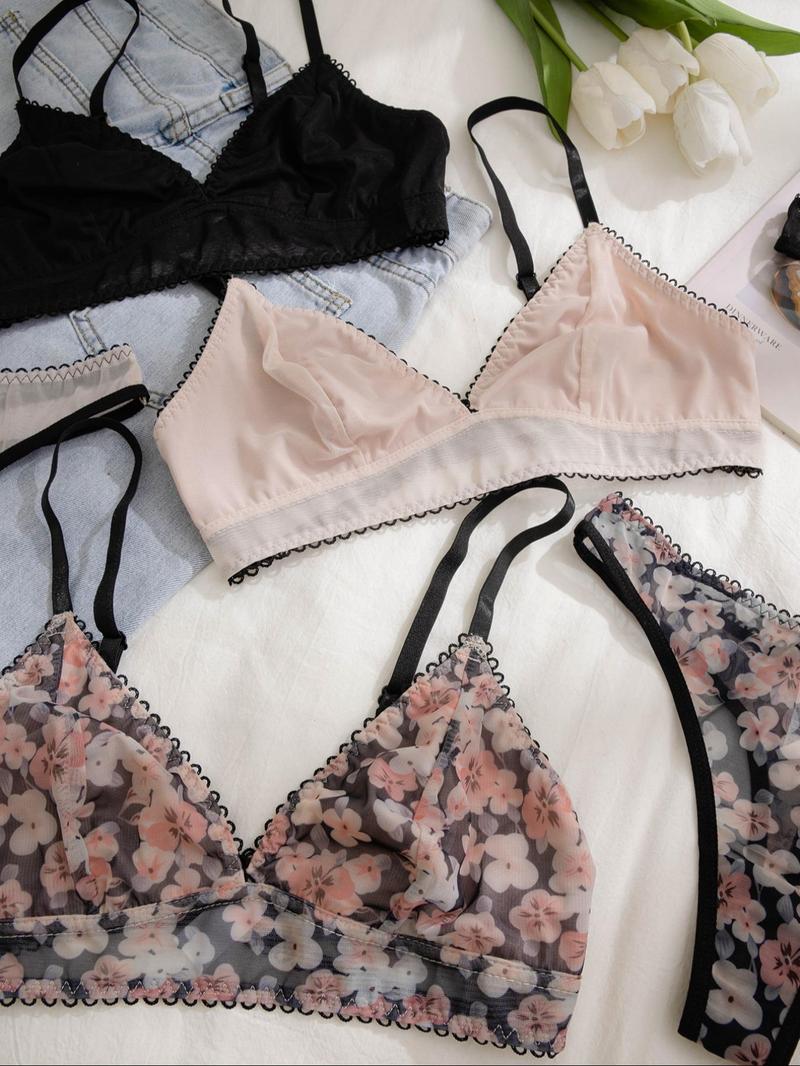Product Introduction of Women's 6pcs Floral Print Bra & Contrast Mesh Thong Set, Adjustable Strap Bow Decor Lingerie Set, Soft Comfy Underwear Set for Women 5