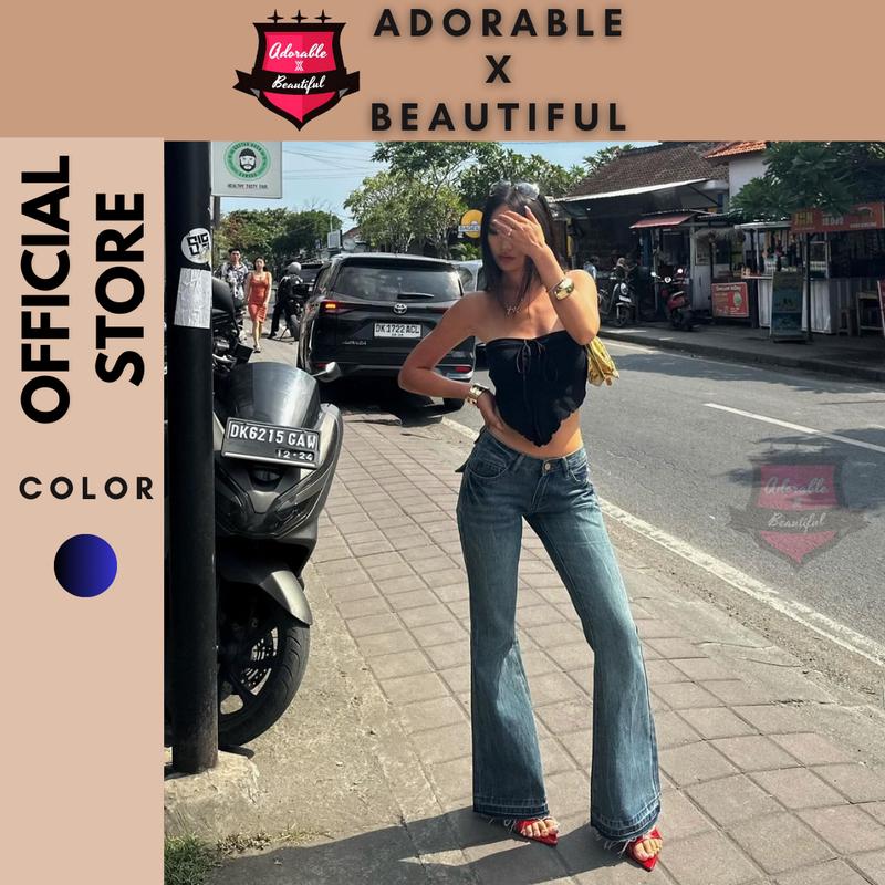 Ảnh Thật Quần Jeans Lưng Thấp Xanh Đậm Vintage Màu Wash Quần Jean Dài Cạp Thấp Ống Loe Y2k AdorablexBeautiful