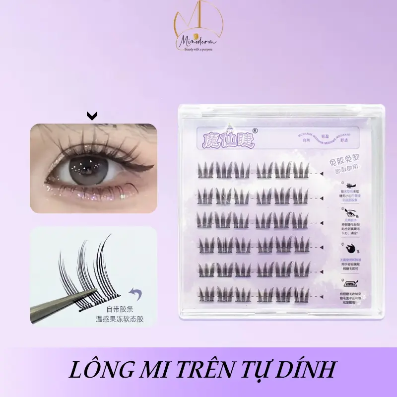 Lông mi giả tự dính MINODERM không cần keo, dễ gắn, mô phỏng tự nhiên cụm đơn phân đoạn