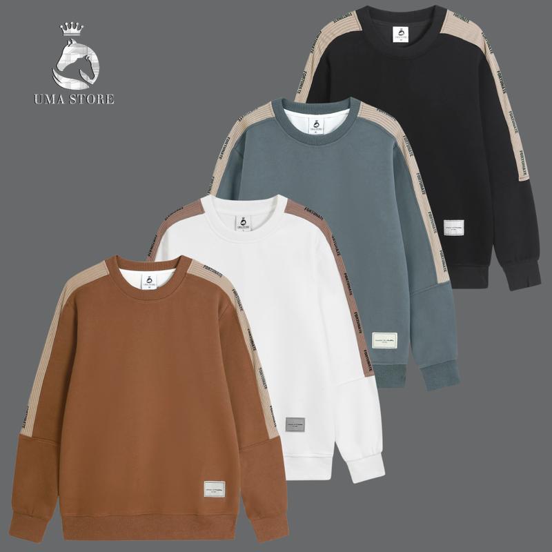 Áo thun nam mùa đông phối cầu vai cao cấp chất liệu nỉ hai da L1, ấm áp, trẻ trung, thanh lịch - UMA STORE - Menswear Hoodie Dài Tay Top Đen Cổ Tròn