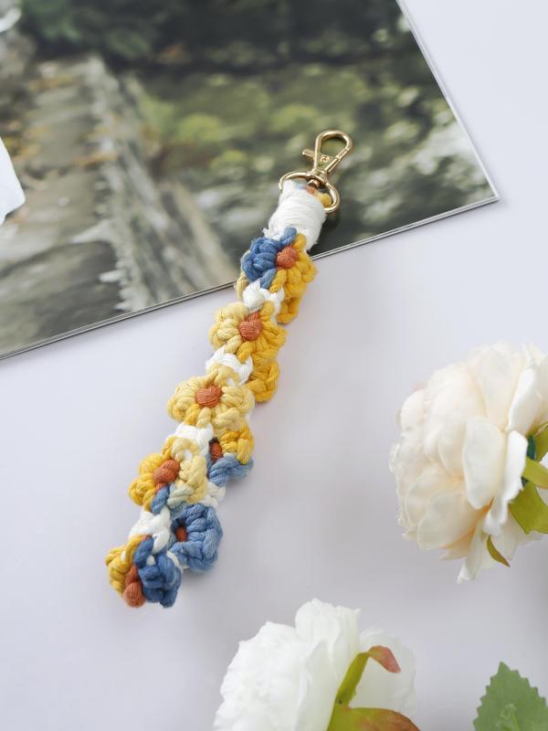 Boho Style Colorful Flower Rope Braided Keychain, Fashionable Crochet Wristlet Keychain for Women & Men, Cute Kawaii Accessories for Women 2