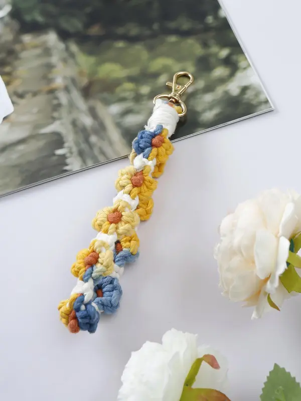 Boho Style Colorful Flower Rope Braided Keychain, Fashionable Crochet Wristlet Keychain for Women & Men, Cute Kawaii Accessories for Women 2