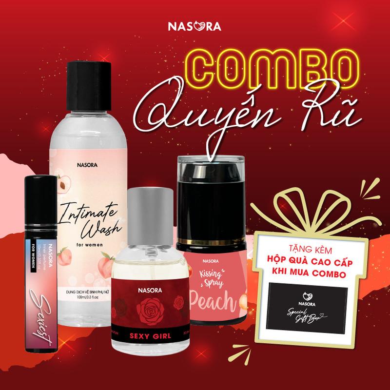 MUA 1 ĐƯỢC 4 Bộ Sản Phẩm Nasora Combo Quyến Rũ 4 in 1 Gồm Kissing Spray Dung Dịch Vệ Sinh Nước Hoa Full Size 30ml Nữ Cosmetic