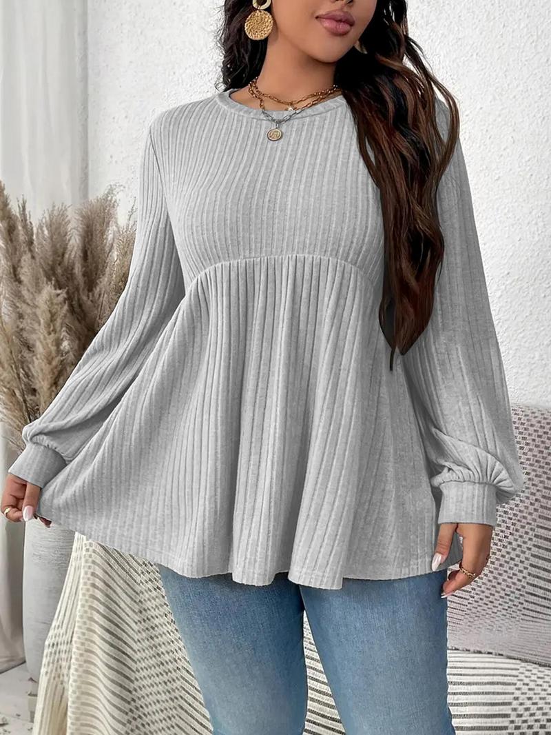 Product Introduction of 【Plus Size】Solid Color Ribbed T-shirts, Casual Long Sleeve Round Neck Top for Daily Wear, Women's Plus Clothing for All Seasons 8