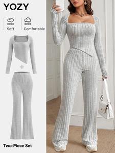YOZY Women's Solid Asymmetrical Hem Long Sleeve Top & High Waist Flare Leg Pants Two-piece Set, Casual Fashion Cozy Ribbed Top & Bell Bottom Trousers for Daily Outdoor Wear, Women's Clothing for Fall & Winter