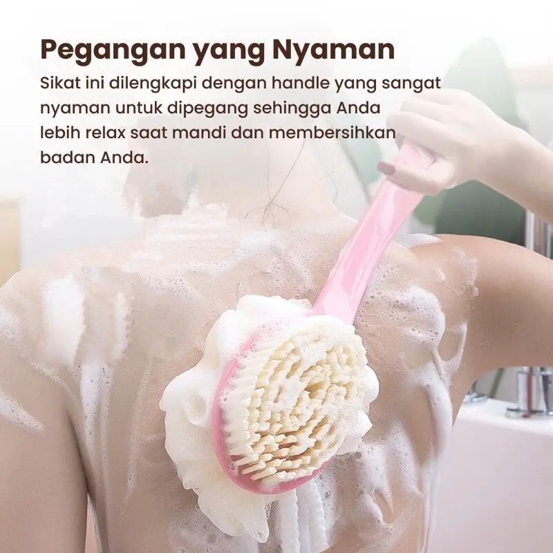 Sikat Gosok Punggung Gagang Panjang Spons Mandi 2 Sisi Shower Puff