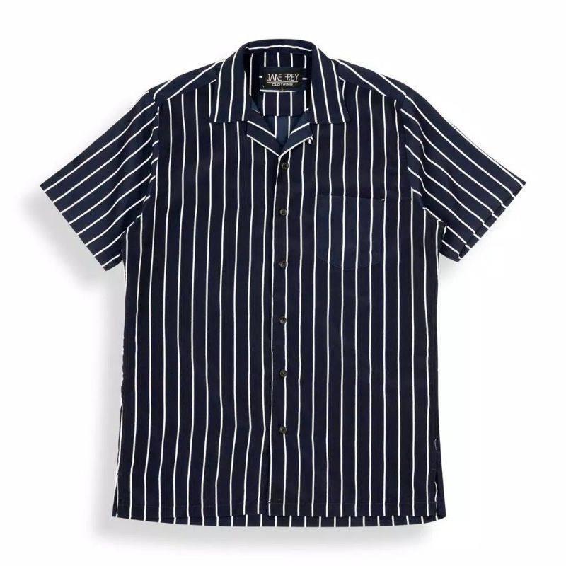Kemeja Pria Salur Lengan Pendek Kemeja Strip Cowok Motif Setrip Kemeja Cowok Terbaru Santai Setrip V-Neck Slim-fitting Setrip Hem Kerah Panjang Hitam 7