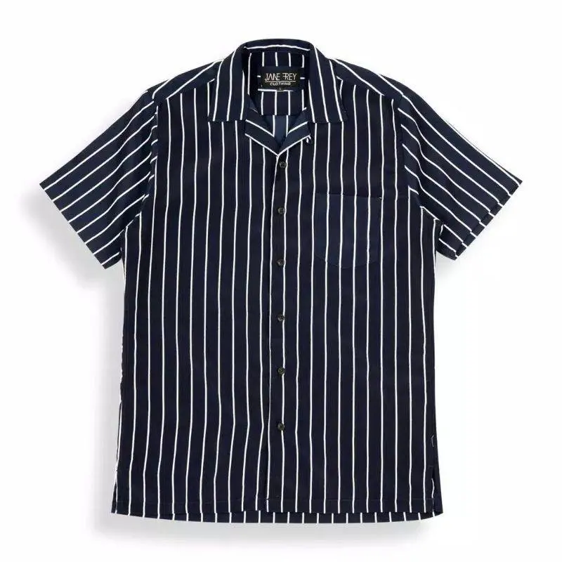 Kemeja Pria Salur Lengan Pendek Kemeja Strip Cowok Motif Setrip Kemeja Cowok Terbaru Santai Setrip V-Neck Slim-fitting Setrip Hem Kerah Panjang Hitam 7
