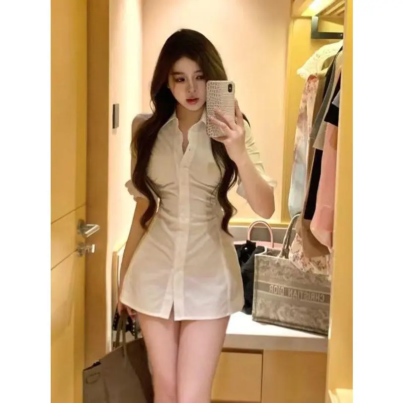 Áo Sơ Mi Trắng Cho Nữ, Phong Cách Sang Trọng Hàn Quốc, Bó Sát Eo, Cổ Polo, Tay Cropped Xén, Áo Sơ Mi Nhỏ Gọn, Gợi Cảm Và Dễ Thương, Thích Hợp Cho Mùa Hè Top Shirt